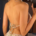 Luxury Pearls Halter Hollow Out See Through Bikini Top Female Swimsuit Women Swimwear Bather Bathing Suit Swim Beach Top V5409