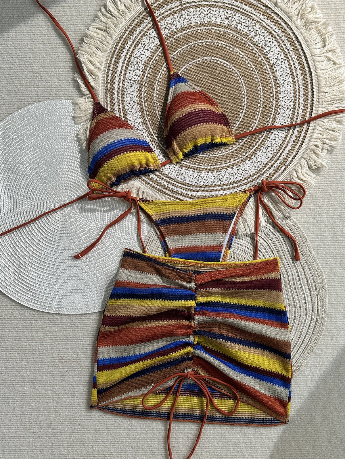 Sexy Coffee Striped Knitted Bikinis Sets 2026 Women Holiday Drawstring Side Skirt 3 Piece Swimsuit Summer Bathing Suit Swimwear