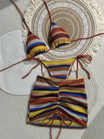 Sexy Coffee Striped Knitted Bikinis Sets 2026 Women Holiday Drawstring Side Skirt 3 Piece Swimsuit Summer Bathing Suit Swimwear