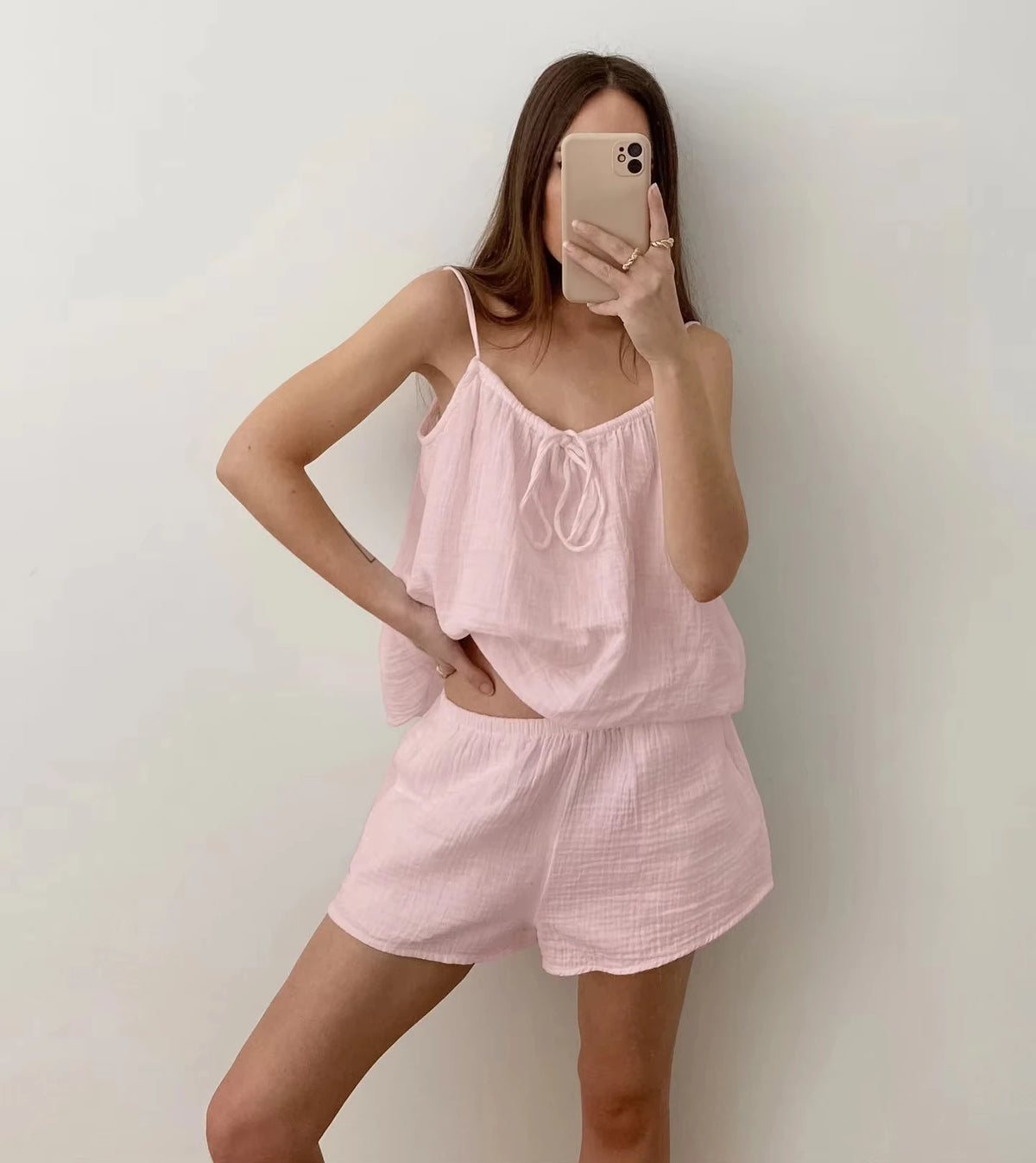 Summer New Women's Pure Cotton Pajamas and Shorts Two-Piece Set Casual and Comfortable Home Wear Pure Cotton Suspender Y2K Hot