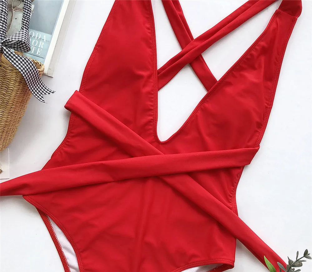 Sexy Red Cross Bandage Backless Swimwear One Piece Swimsuits Woman 2026 Knotted Straps Swimming Bathings Suit V Neck Bodysuits
