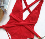 Sexy Red Cross Bandage Backless Swimwear One Piece Swimsuits Woman 2026 Knotted Straps Swimming Bathings Suit V Neck Bodysuits