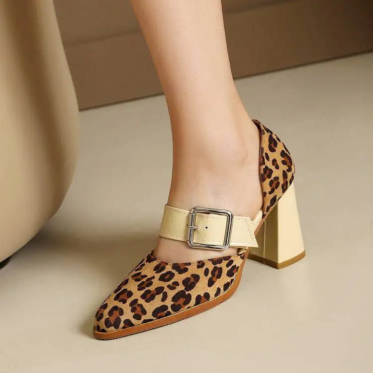 SpringAutumn New Model Fashion High Heels Nude Shoes Color Blocking Pointed Tip Buckle Leopard Print Sexy Party Women's Shoes