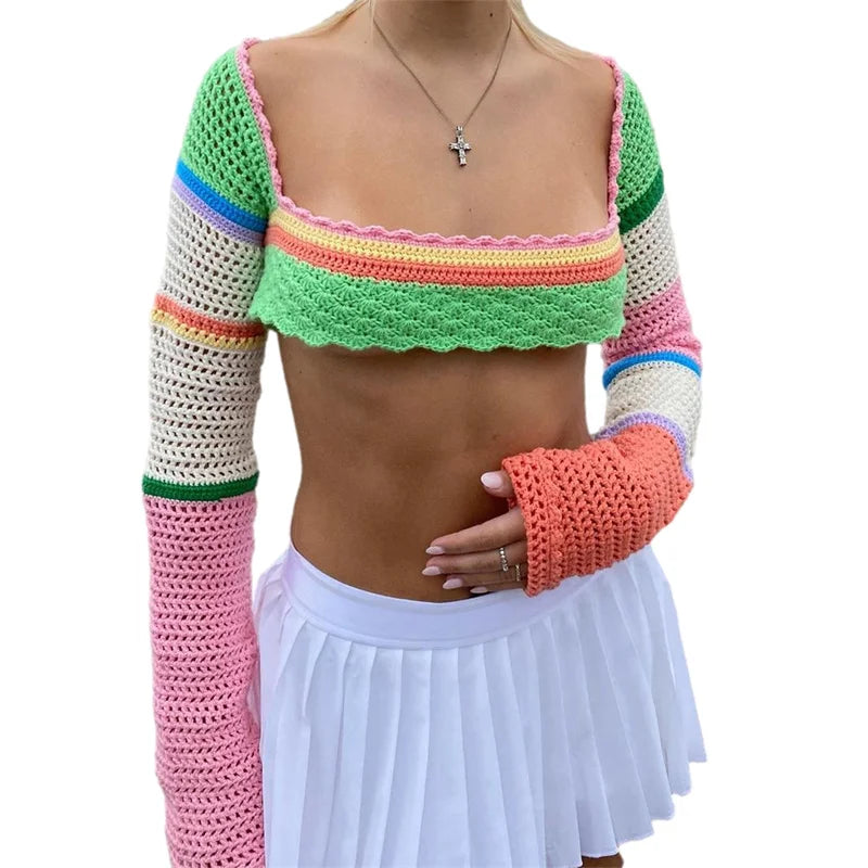 Women Summer Crop Tops Splicing Crochet Square Neck Long Sleeves Knitted T-shirt Tops 2021 Streetwear for Girls Green