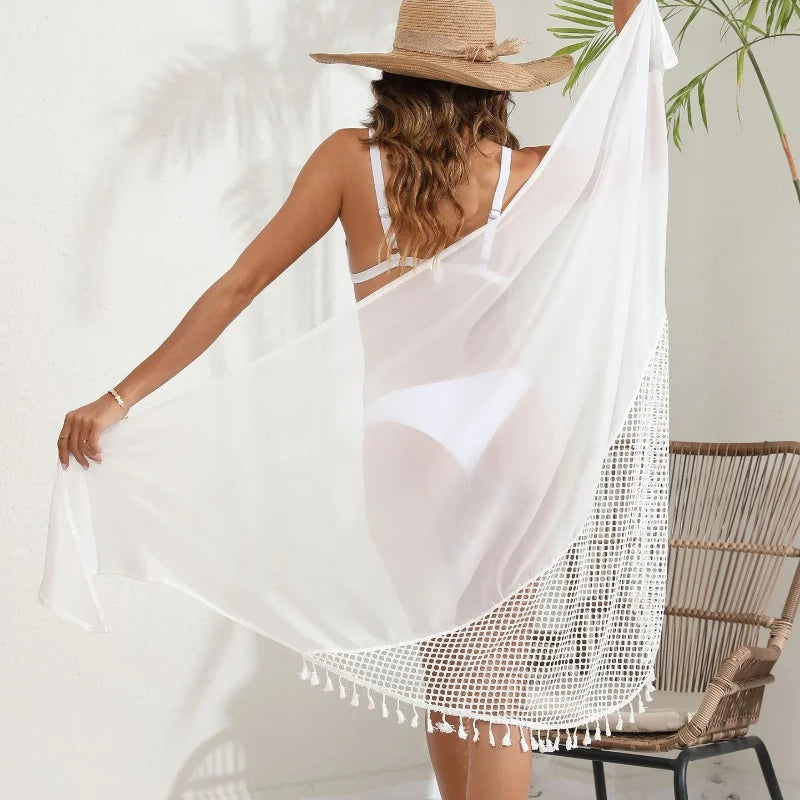 Hollow Long Sarongs Swimsuit Coverups for Women Beach Bikini Wrap Sheer Long Skirt Tassels Chiffon Scarf Cover Ups for Swimwear