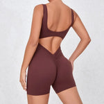 Women's Seamless Yoga Jumpsuit - Quick-Dry Nude Workout Suit with V-Neck & Sexy Back, Tight Fitness Wear for Running Gym Workout