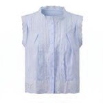 Summer Women’s Button Down Eyelet Tops Solid Color Sleeveless Round Neck Lace Trim Shirts Daily Casual Blouse Summer