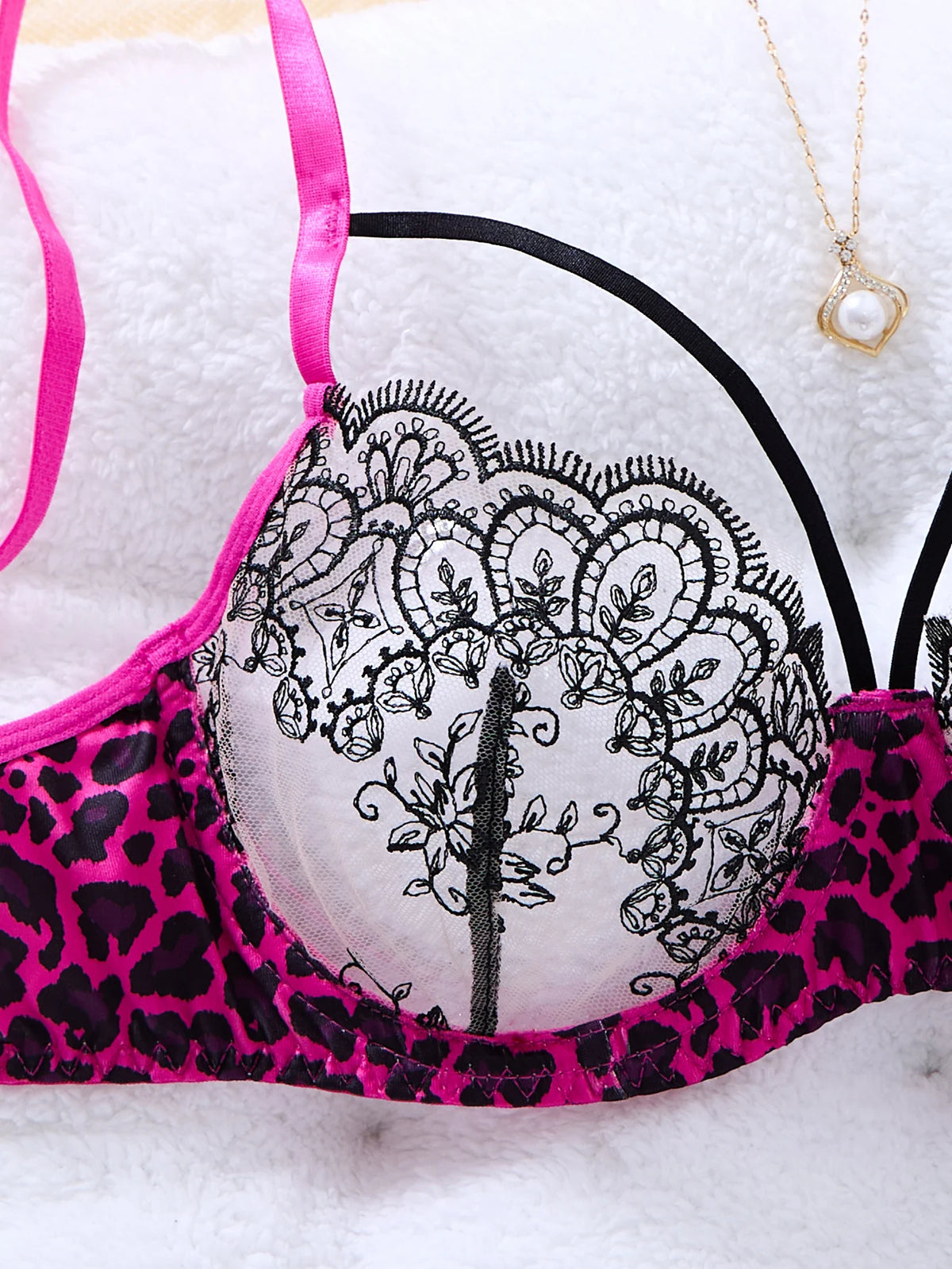 Magenta leopard print patchwork lace lingerie set-Sexy see-through chiffon demi-cup shaping bra thong set for two piece ZA825120