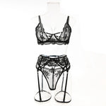 Embroidery Lingerie 3Pcs Sets Ultrathin Mesh Patchwork See Through Bras And Thongs Garter Suits Erotic Intimate Sexy Underwear