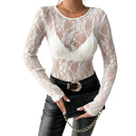 Women's Lace Floral T-shirts Long Sleeve O Neck See-through Slim Tops Spring Summer Autumn Shirts