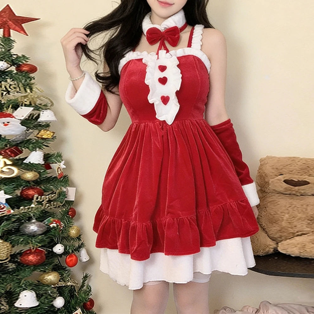 Women Christmas Red Lingerie Plush Patchwork Strapless Tube Dress Christmas Party Cosplay Costume With Arm Sleeve and Choker