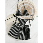 New Retro 3 Pieces Knitted Mesh String Bikini Set Swimsuit Women Blue Striped Swimwear with Shorts Beach Wear Boho Bathing Suit