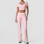 Summer Quick Drying Yoga Sets Women Black Patchwork Short Sleeve Cross Neck Sports Top High Waist Flared Pants Fitness Suits