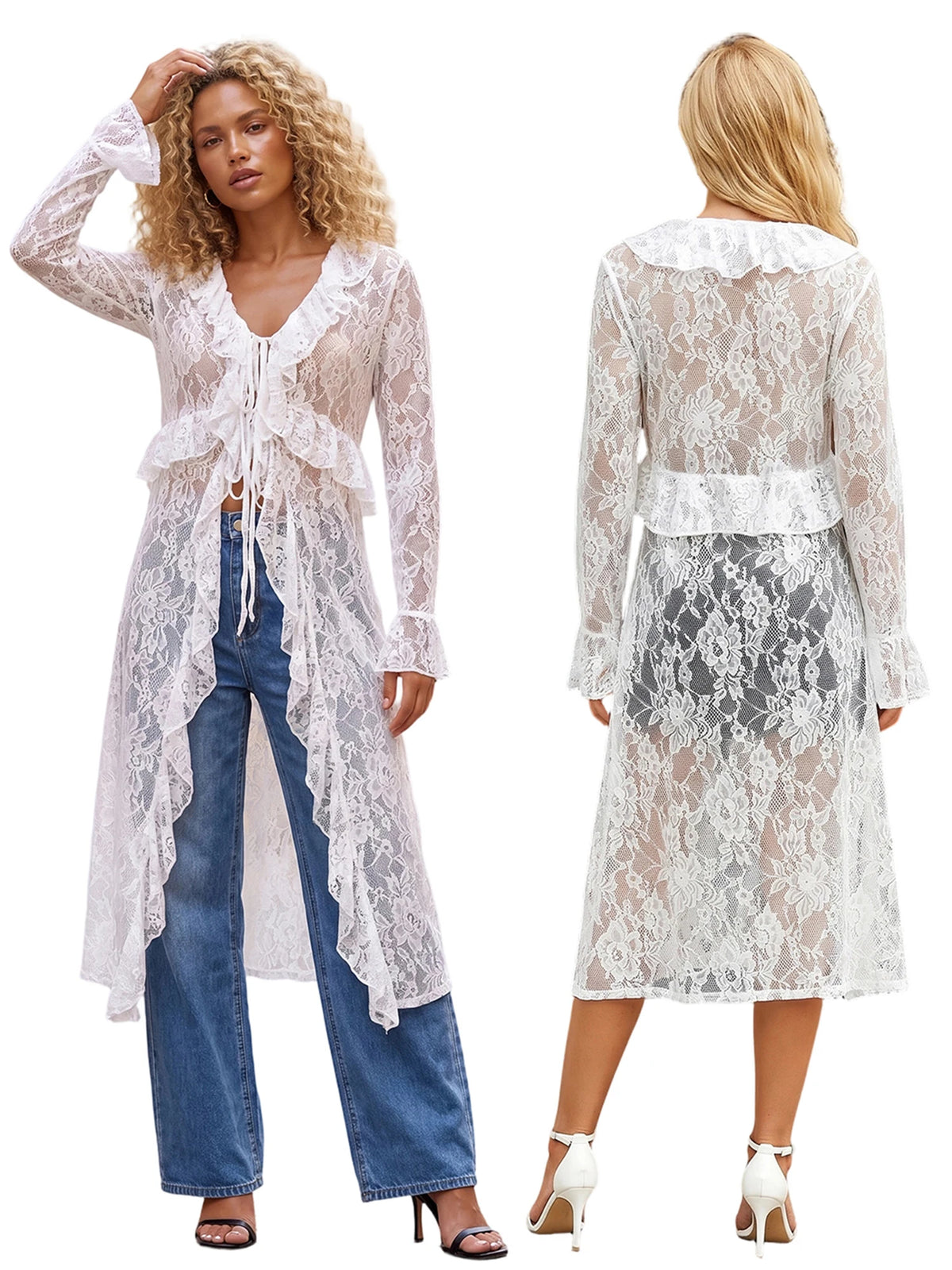 Women Casual Lightweight Floral Lace Ruffles Cover-ups Long Duster Summer Solid Color Tie Front Cardigan