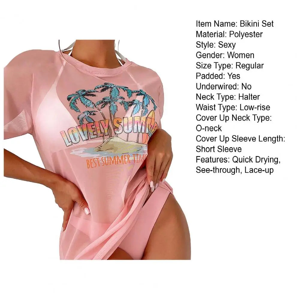 3Pcs/Set Summer Women Bikini Set Solid Color Halter Bra Low-rise Briefs Lace-up See-through Tropical Print Bathing Suit