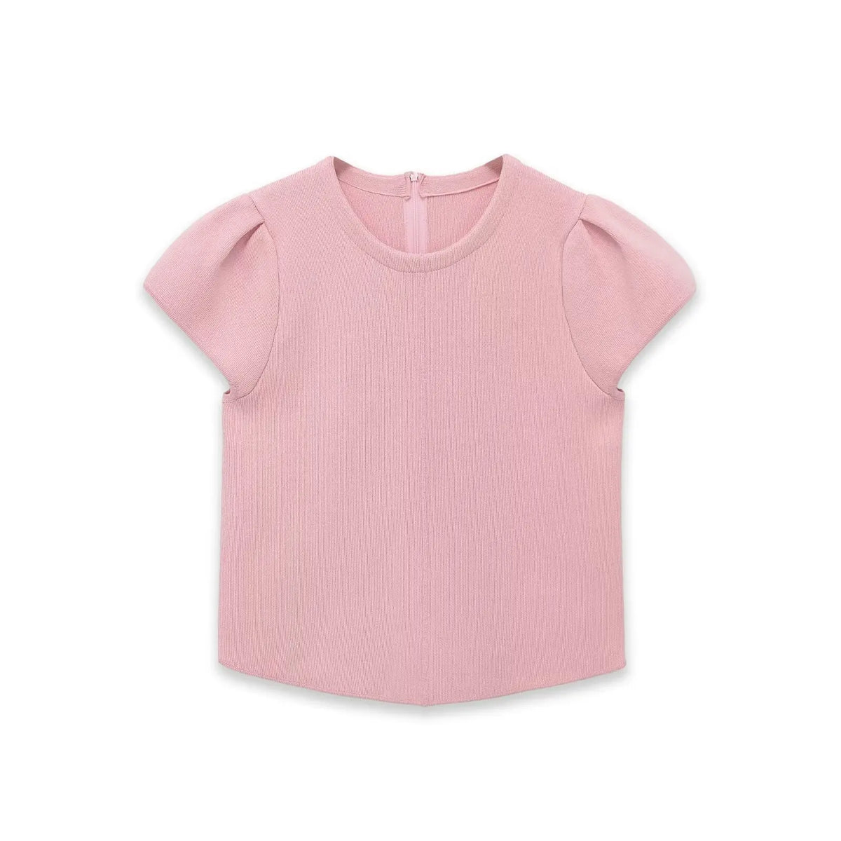 Women's Fashion Casual Puff Sleeve Casual Top Pink Puff Sleeve Knit Top Round Neck Ribbed Back Zipper Casual Style T-Shirt 60BW