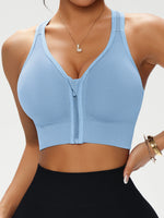 Women's Zip Front Solid Color Sports Bra, Crisscross Back Wireless Bra, Removable Padded Comfort Everyday Workout Bra