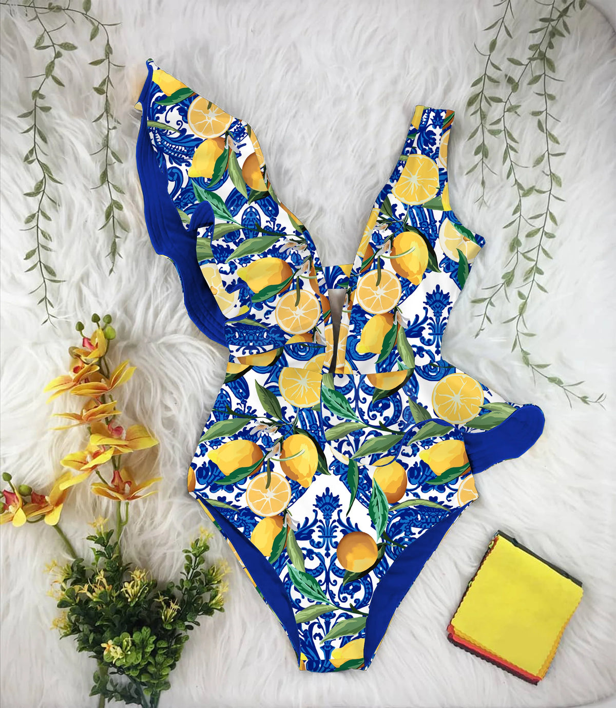 Sexy Ruffle Shoulder Swimsuit V-Neck Swimwear Women Backless Push Up Bathing SuitBeach Wear 2024 Female Swimming Suit