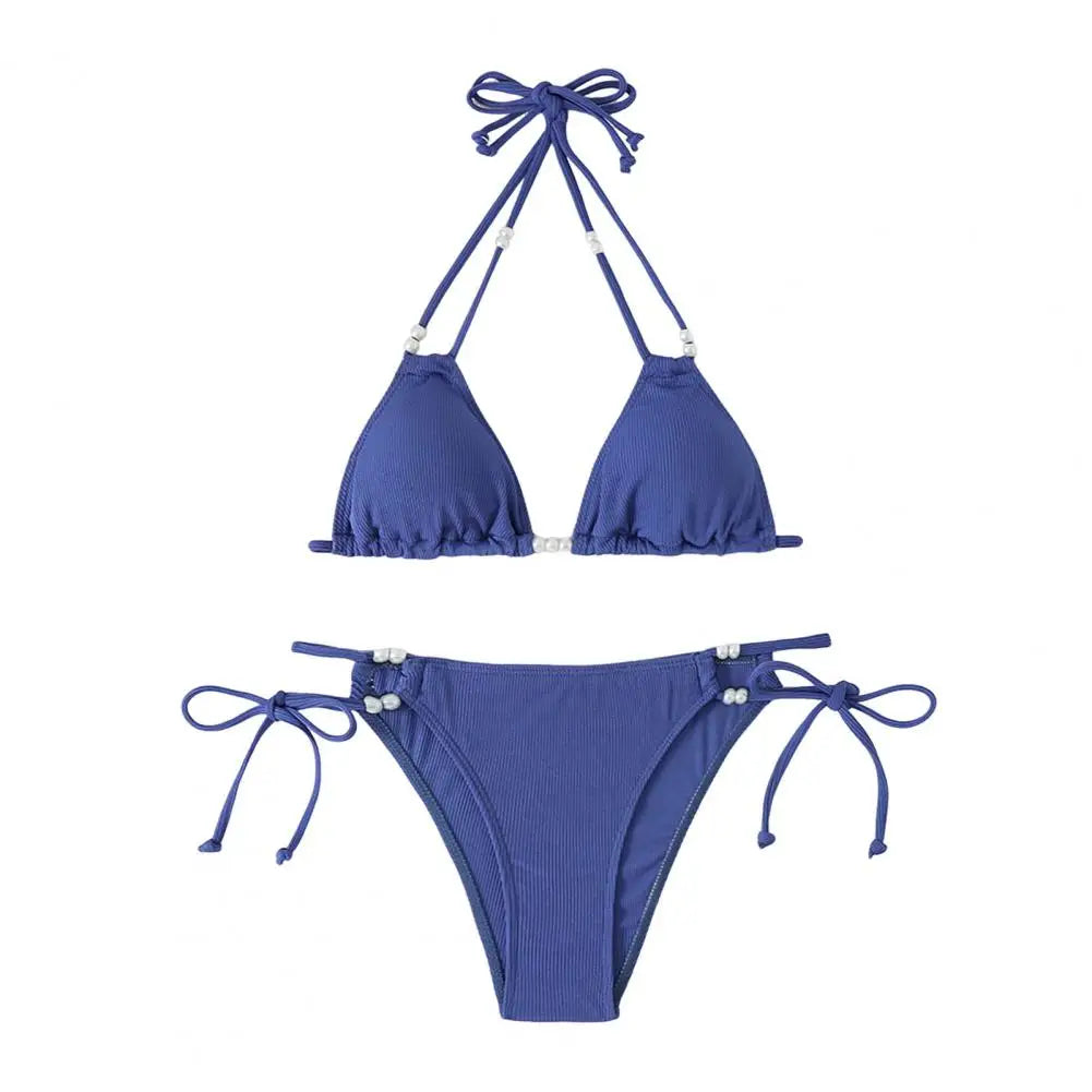 2Pcs/Set Women Bikini Set Adjustable Side Straps Halter Bra Low-rise Swimming Briefs Set Ladies Pure Imitation Pearls Swimwear
