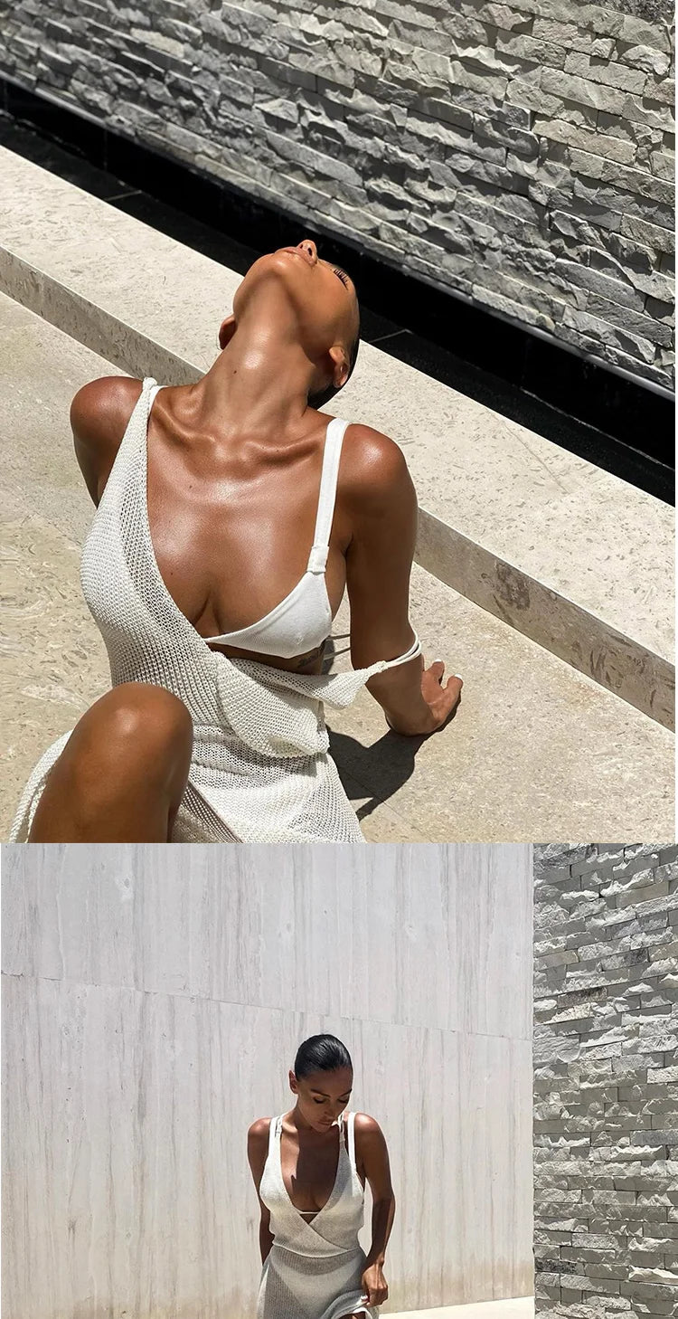 2023 New Crochet Beach Maxi Dress for Women See Through Sexy Bikini Plunge Backless Bandage Sleeveless Lacing Split Long Dresses