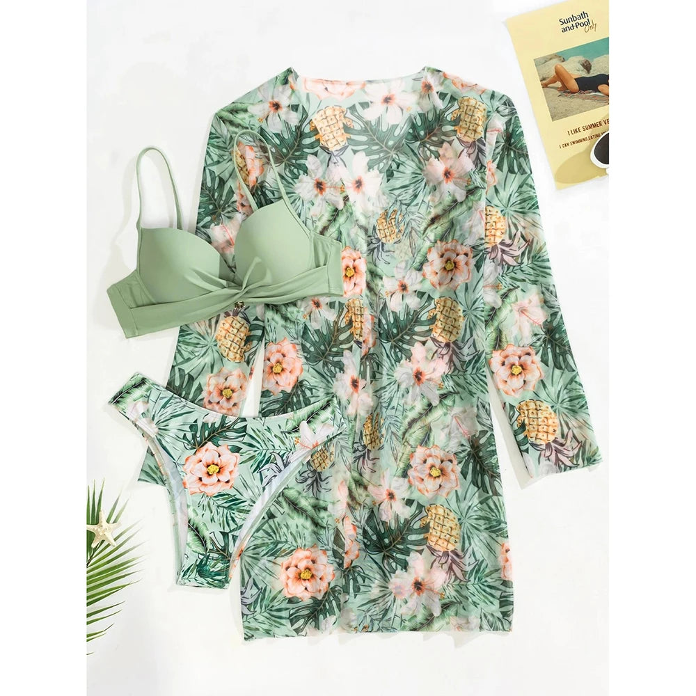 2025 Three Pieces Bikini Set Cover Up Swimwear Women Swimsuit Print Long Sleeve Push Up Bathing Suit Beachwear Swimming Biquini