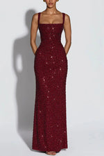 Women's Sequin Maxi Dress Burgundy Square Neck Sleeveless Bodycon Evening Gown Formal Party Prom Cocktail Mermaid Long Dresses