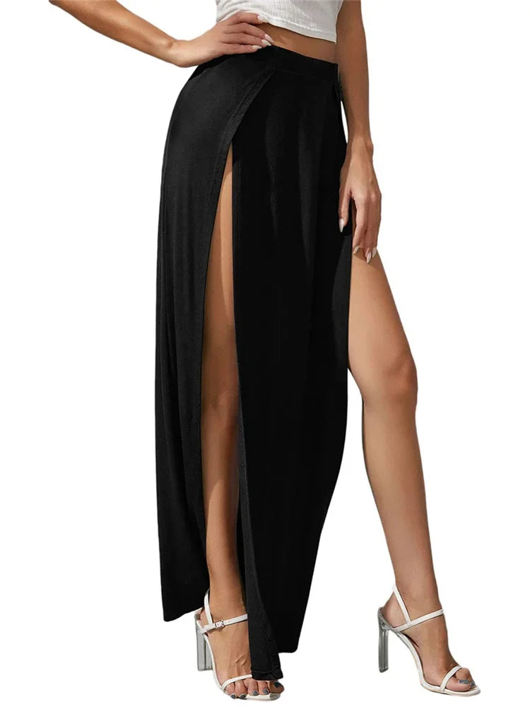 Women's Elastic High Waist Skirts Solid Color Side High Split Loose FitLong Skirts Beachwear