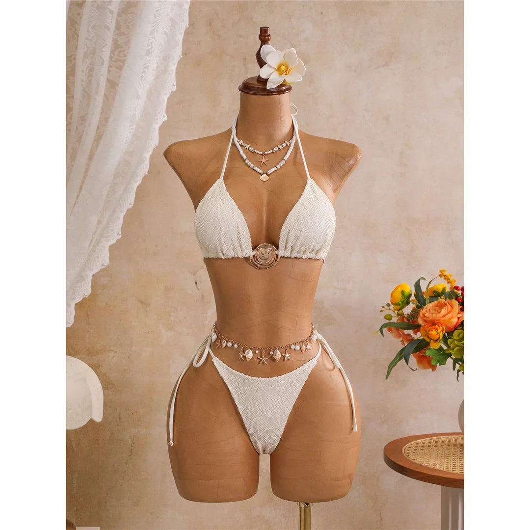 New Leaves Printed Halter Bikini Suit Female Swimsuit Women Swimwear Bather Bathing Suit Swim Three-Pieces Bikini Set