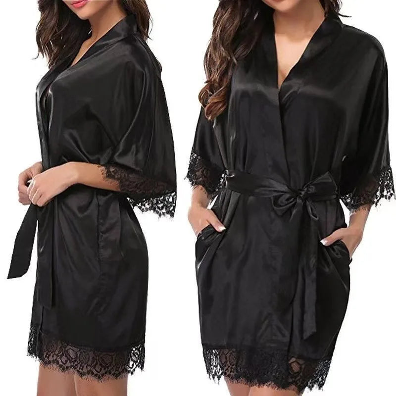 Fabric Women Sleepwear Pajamas High Quality Practical Women Sleepwear Belt Bride Dressing Kimono Lace Ladies Fashion