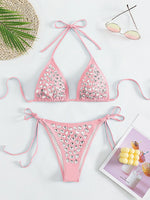 DEKA Women Sexy Rhinestones Bikini Set With Solid Color Thong Swimwear Female Push Up Swimsuit Beach Swimming Bathing Suit