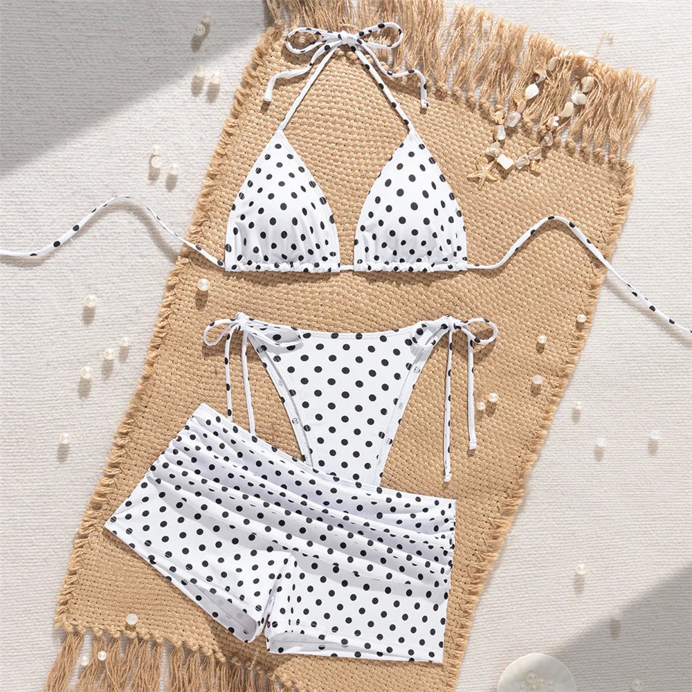 White Dot Print Micro Thong 3 Piece Bikinis Sets Bottoms Shorts Swimwear Sexy Swimsuit Woman 2026 Halter String Triangle Bikini