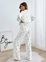Autumn Winter Floral Printed 2 Piece Pajamas Set Women Soft Long Sleeve T-shirt Tops and Pants Homewear Nightwear Sleepwear