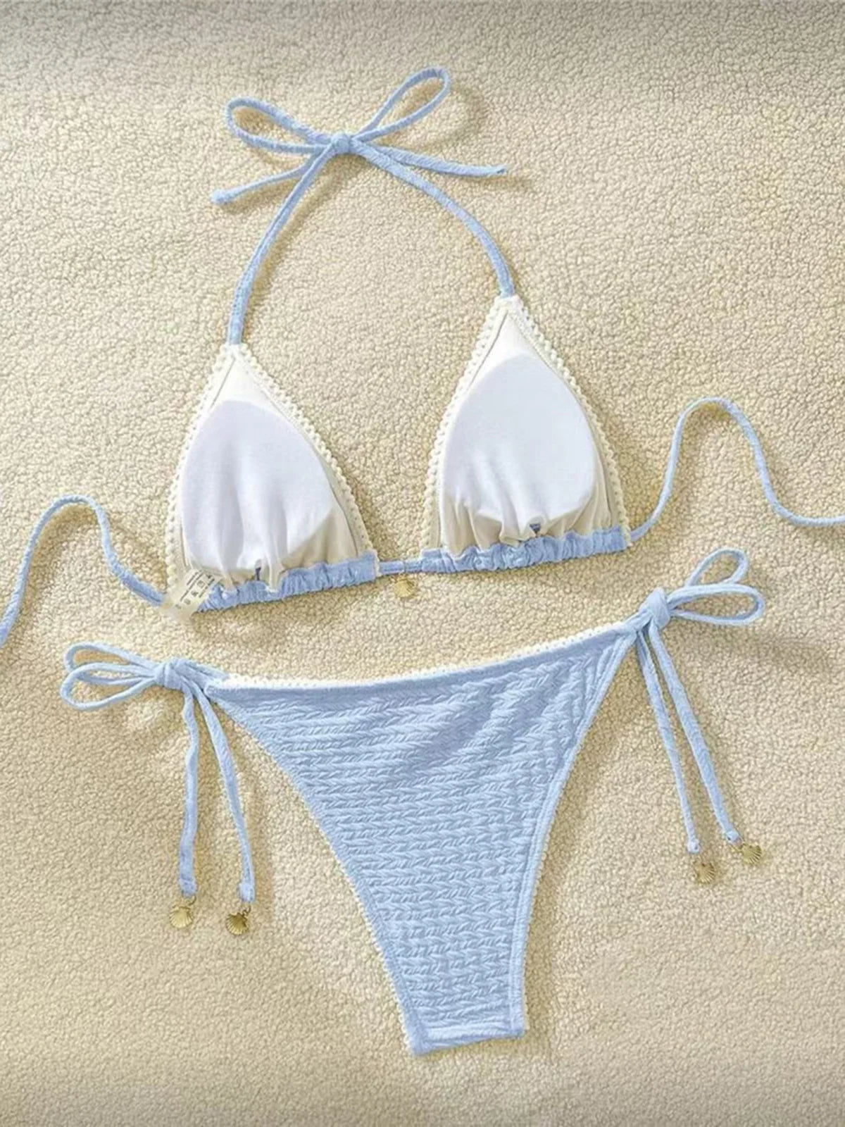 High Cut Leg Two-Pieces Bikini Set Bather Bathing Suit Swim Wrinkled Crinkled Halter Bikini Women Swimwear Female Swimsuit M125