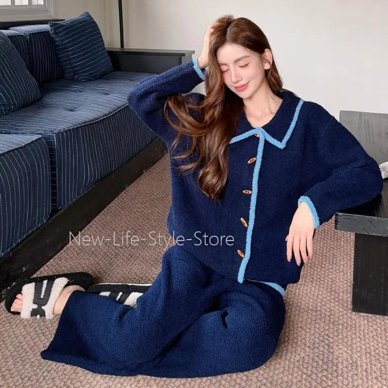 Autumn Winter Solid Sweet Oversized Thickened Fluffy Warm Homewear Sleepwear Women Half Side Velvet Pajamas