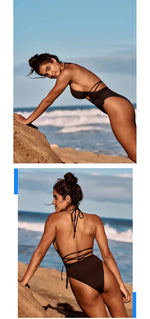 2026 New One Piece Swimsuit Swimwear Women Sexy Black Hollow Halter Straps Backless Solid Bathing Suit Beachwear Banadores Mujer