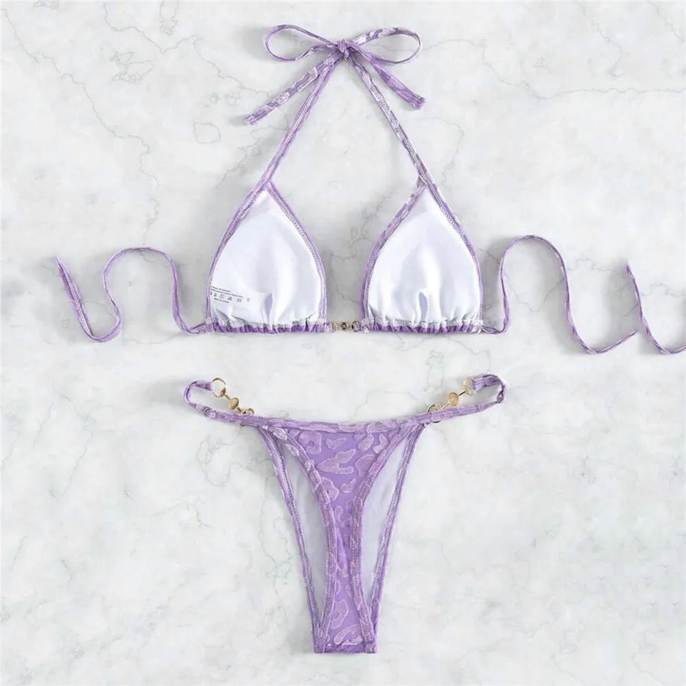 Purple Velvet Leopard Swimsuit Sexy String Halter Triangle Bikinis Sets De Mujer Micro Thong Swimwear Women Bikinis Bathing Suit