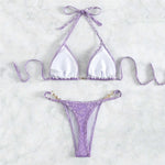 Purple Velvet Leopard Swimsuit Sexy String Halter Triangle Bikinis Sets De Mujer Micro Thong Swimwear Women Bikinis Bathing Suit