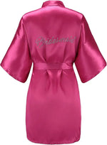 Women's Satin Kimono Robes with Rhinestones Bride Bridesmaid Short Getting Ready Wedding Dressing Gown