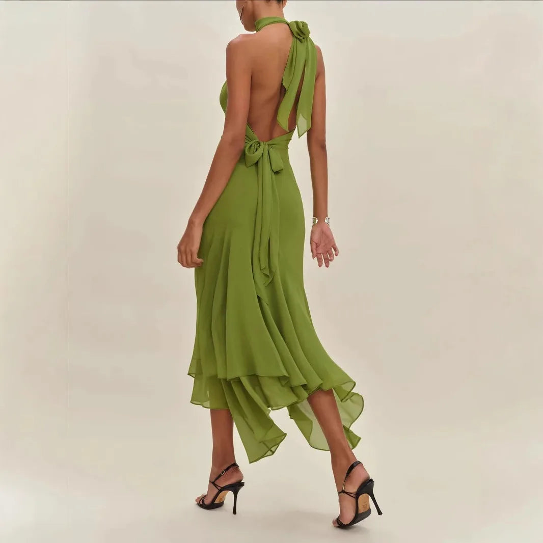 Temperament Halter Neck Long Dresses Women Green Backless Leace-up Irregular Package Hip Party Dress Elegant Banquet Vestidos