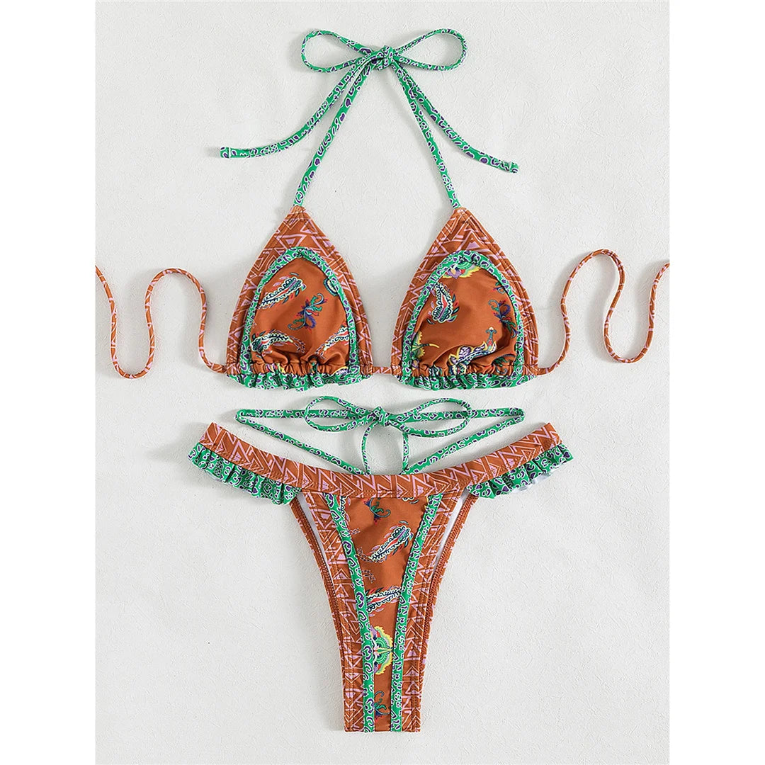 5 Colors Sexy Printed Halter Frilled Bikini Women Swimwear Female Swimsuit Two-Pieces Bikini Set Bather Bathing Suit Swim V4651