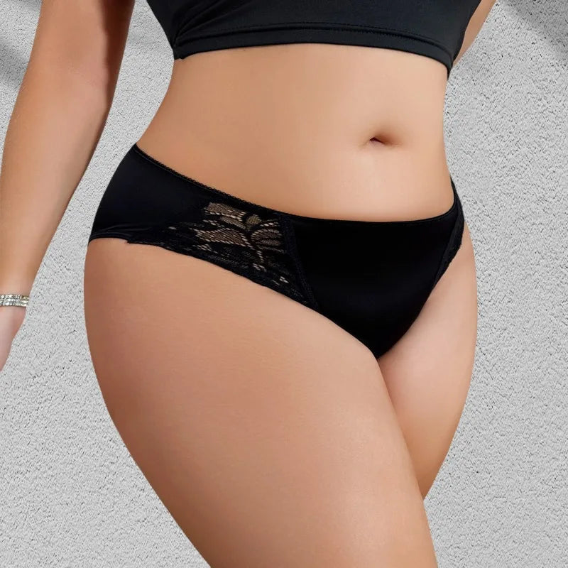 1pcs Plus Size Sexy Hollow Out Women Panties Mid Waist Patchwork Solid Comfortable Lady Briefs Floral Elegant Female Underwear