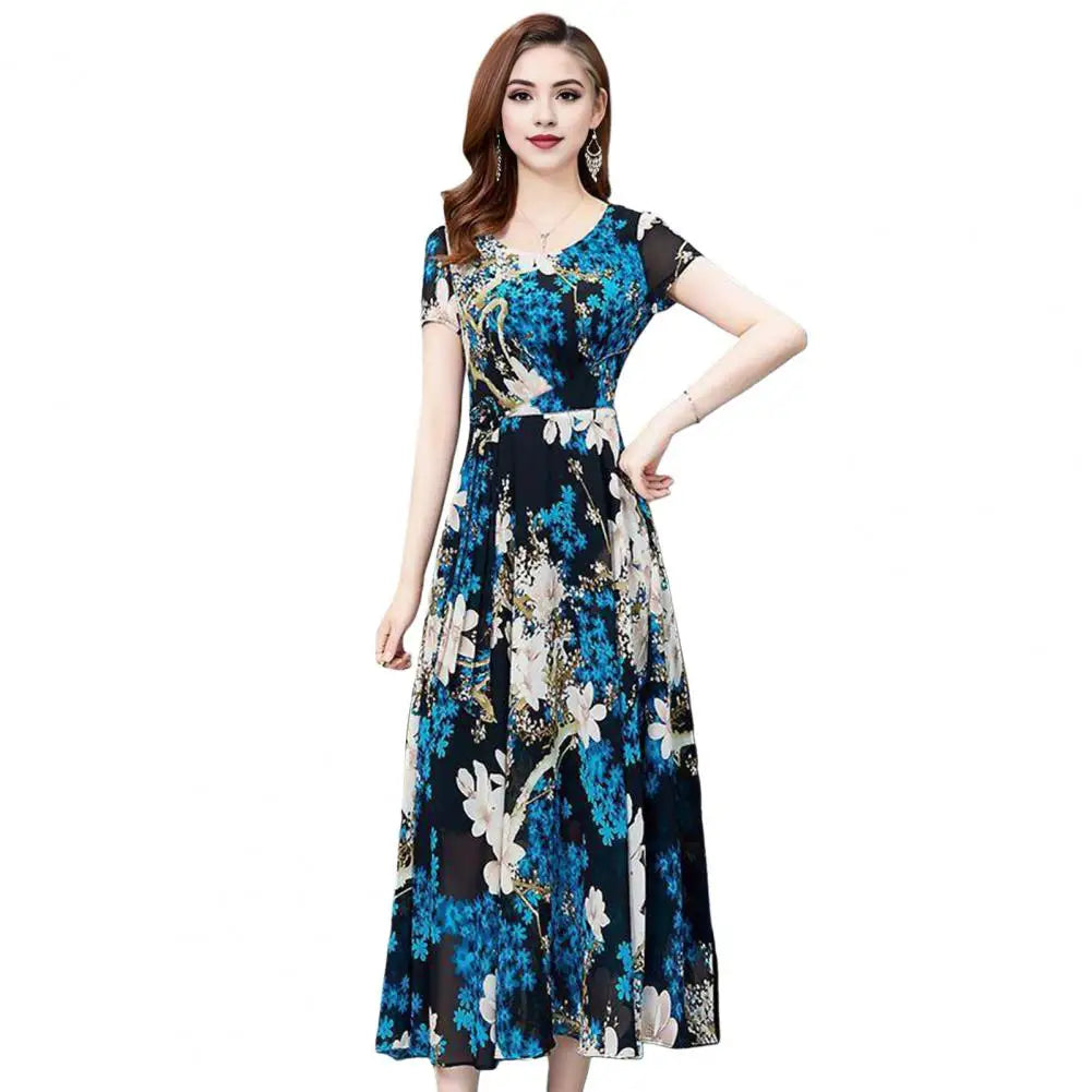 Summer Women Dress Floral Print A-line Big Hem High Waist Short Sleeves Round Neck Pleated Mid-calf Length Party Commute Dress