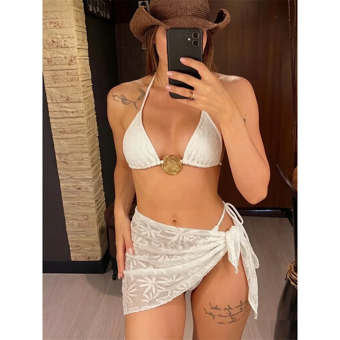 New Leaves Printed Halter Bikini Suit Female Swimsuit Women Swimwear Bather Bathing Suit Swim Three-Pieces Bikini Set