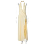 FDYOUI 2026 Summer Deep V-neck Hollow Out Long Maxi Evening Dress Women Chic Backless High Slit Ruched Solid Party Club Dresses