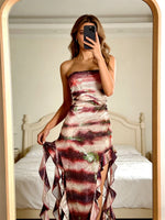 Women Strapless Long Dress Sequin Ruffle Irregular Split Pleated Dress for Party Elegant Holiday Daily Clothes Summer