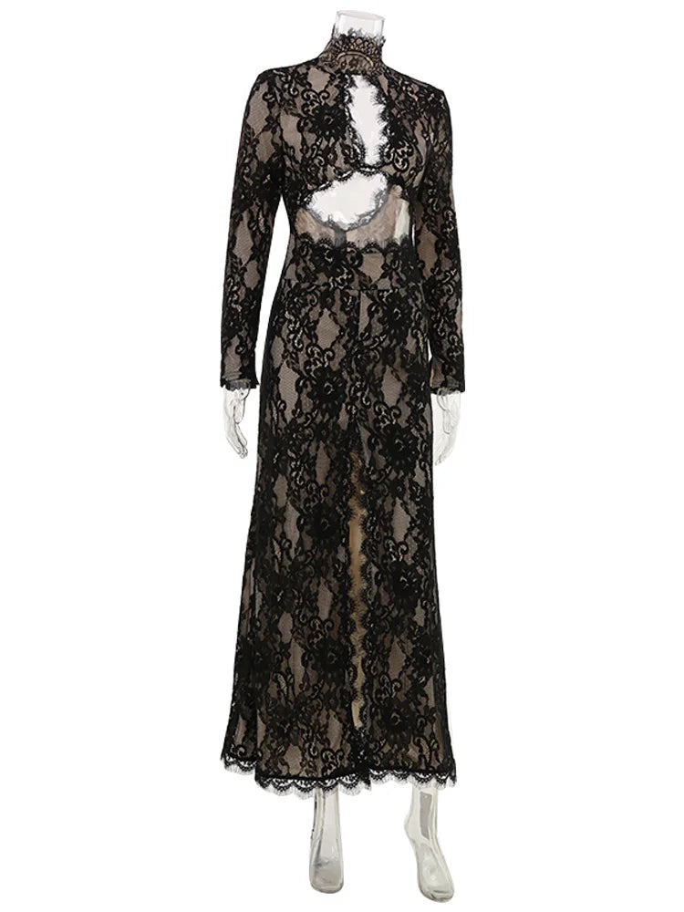 Summer Maxi Dress Women Sexy Sheer Lace Hollow Out Long Sleeve Floral Split Slim Bodycon Solid Casual Beach Party Club Vestidos