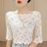 Women Summer Cropped Tops See-through Embroidery Lace Top One-word Collar Half Sleeve Blouse Pullover Tops