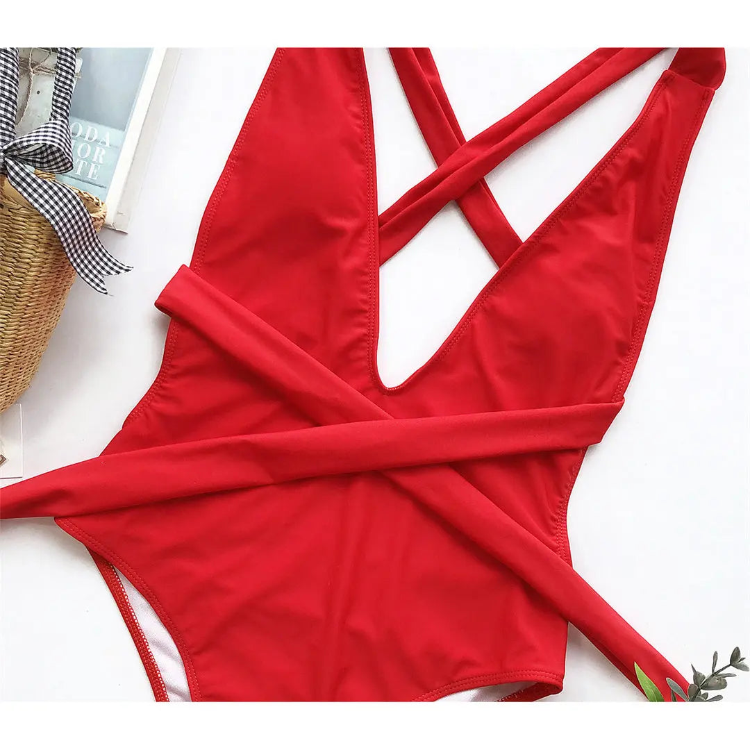 Sexy Wrap Around Bandage Women Swimwear One Piece Swimsuit Female Bather Deep V Neck Bathing Suit Swim Backless Monokini V1639C