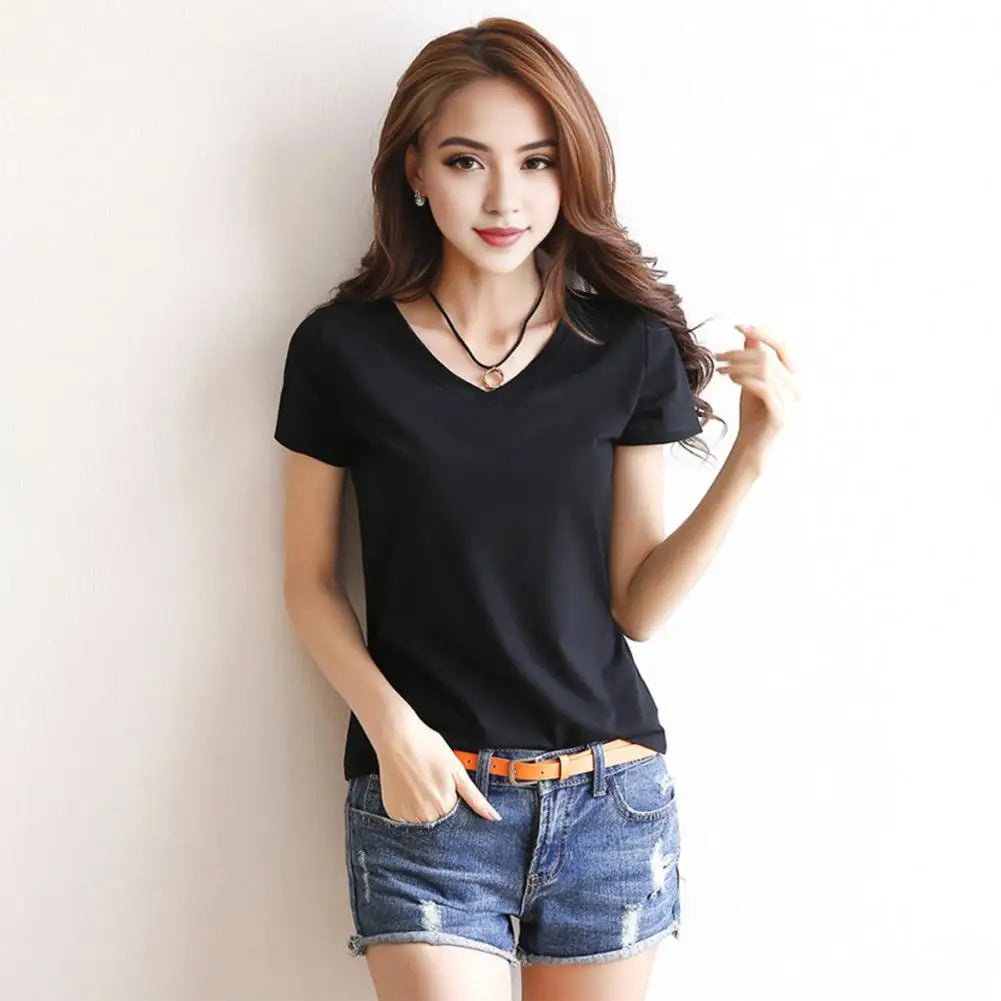 Women Summer T-shirt V-neck Short Sleeve Slim Fit T-shirt Solid Color Pullover Tops Women Bottoming Shirt Streetwear