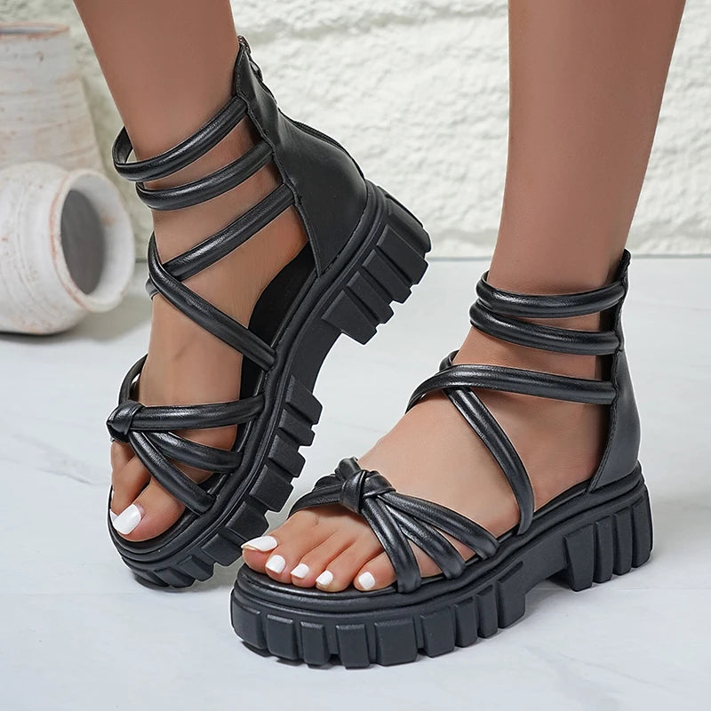 Black Pu Leather Platform Gladiator Sandals Women Summer Plus Size 43 Chunky Heels Sandles Woman 2026 Back Zipper Rome Sandalias